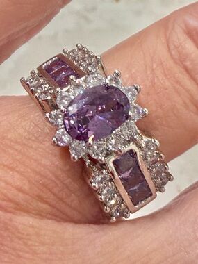 Estate 10KT White Gold Amethyst CZ Halo Cocktail Ring - Size 7